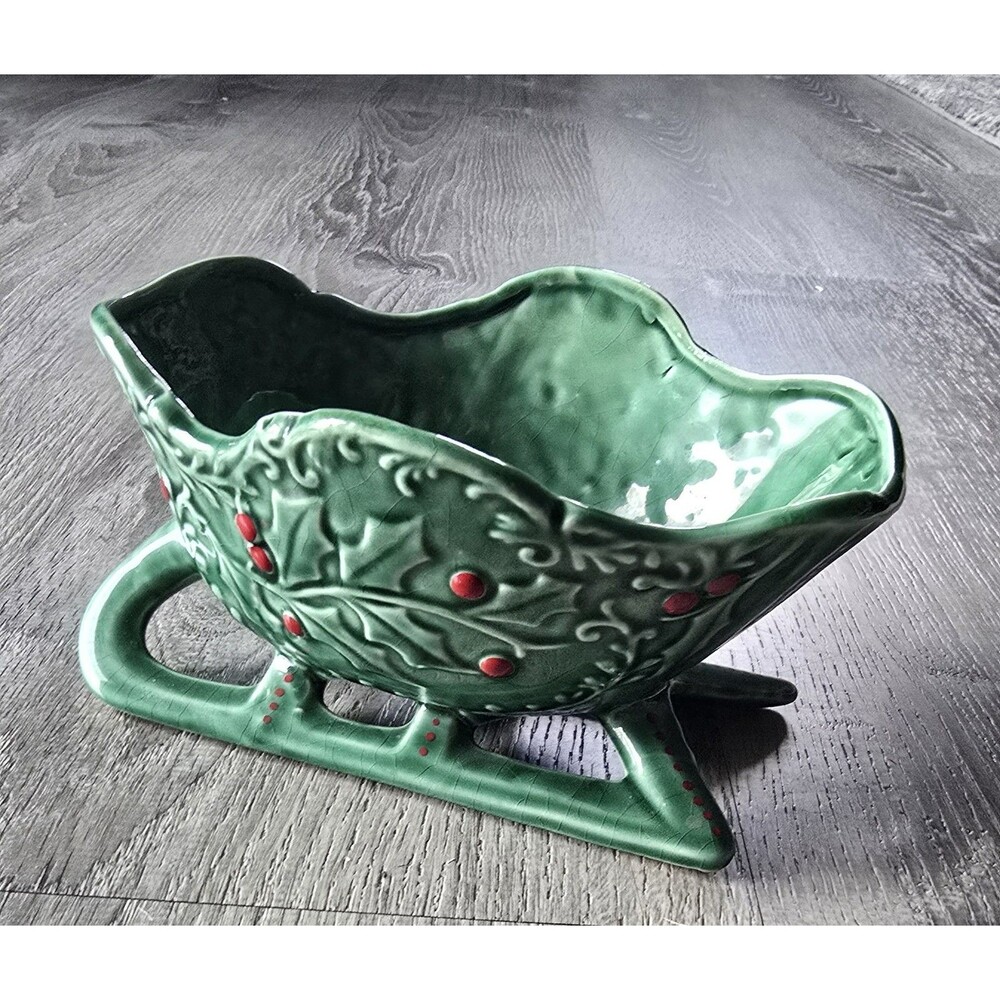 Vintage Christmas Napco Green & Red Sleigh Holly Berries  Planter Nut Dish